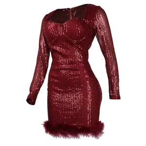 Complete look of a sexy wine red sequin mini dress featuring long sleeves and feather trim