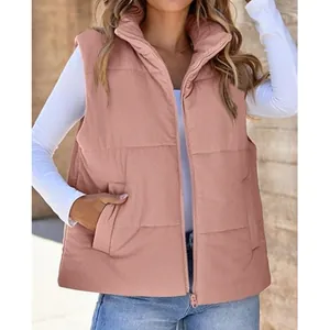 Stylish women's casual corduroy puffer vest with zipper closure and side pockets