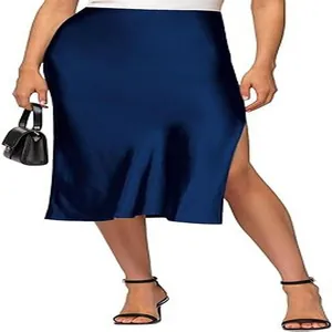 Full view detail of a navy blue satin midi skirt featuring side slit and high waist
