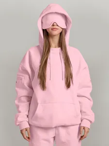 Women Oversized Hooded Sweatshirt With Built-in Eye Mask Solid Color Long Sleeve Pullover Hoodie With Kangaroo Pocket