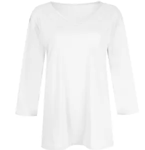 Detailed view of women's casual white V-neck T-shirt with comfortable three-quarter sleeves