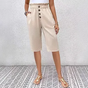Beige high waist cotton linen shorts for women with button details and pockets