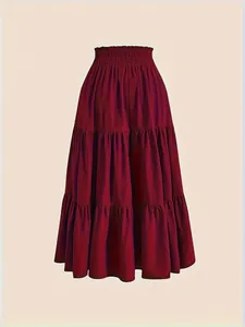 Elegant deep red tiered maxi cake skirt with elastic high waist and pleated texture