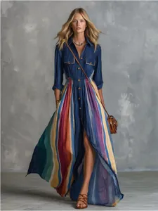 Elegant vintage navy blue maxi dress featuring colorful vertical striped skirt detail.
