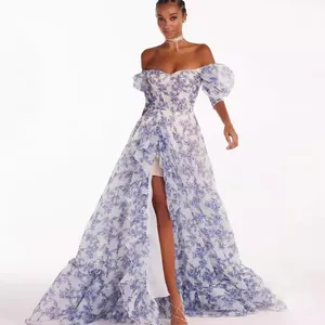 Women Off Shoulder Floral Organza Maxi Dress Elegant Puff Sleeve Ruffle High Split Evening Gown Party Dress Wedding Gown