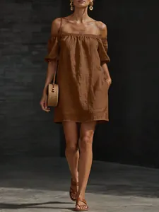 Casual brown cotton linen off-shoulder dress with loose fit and elegant summer style