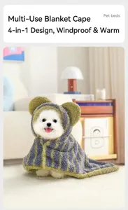 Soft striped hooded pet blanket cloak with cute bear ears for small dogs and cats indoors