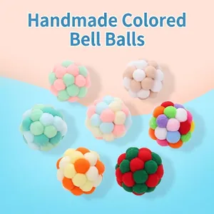 Set of seven colorful handmade plush bell balls for cat interactive play and chasing