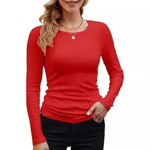 Detailed view of the red ribbed slim-fit long sleeve crew neck T-shirt for women.