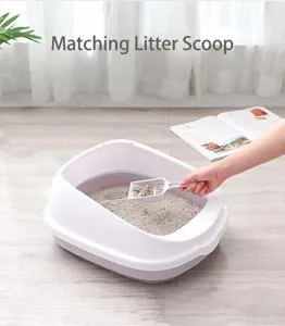 High-sided semi-enclosed cat litter box with scoop set, white and grey pet toilet system.