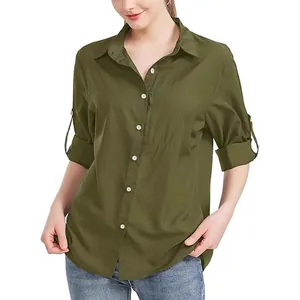 Camisa de negocios para mujer verde oliva con bolsillo con cremallera y cuello solapa