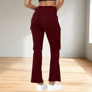 Back view of premium high-waisted burgundy flared yoga pants with cargo side pockets
