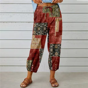 Bohemian vintage ethnic patchwork print high waist cropped trousers with buttoned cuffs