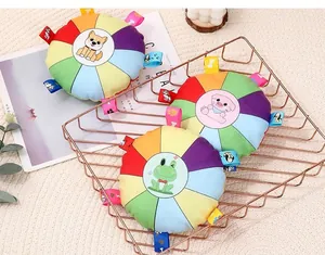 Colorful set of three plush squeaky frisbee toys for dogs featuring cute animal graphics