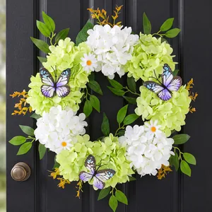 Couronne de fleurs d'hydrangea et papillons pour porte d'entrée, déco murale florale