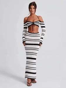 Women Sexy Striped Halter Top And Bottom Set Backless Long Sleeve Crop Top And High Waist Bodycon Long Skirt Two Piece Set