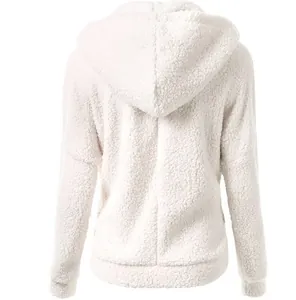 Back view of a white fuzzy hooded sweatshirt showing soft plush sherpa fleece texture.