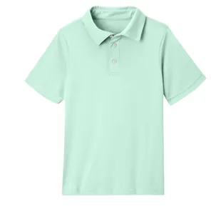 Close-up detail of mint green short sleeve children's polo shirt with button collar