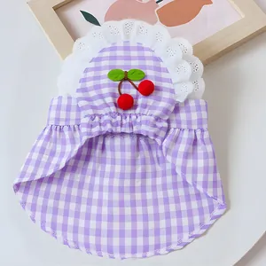 Adorable purple gingham summer dog dress with white lace collar and cherry applique