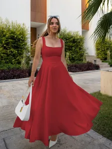 Elegant red square neck sleeveless maxi dress with a cinched waist for chic summer look