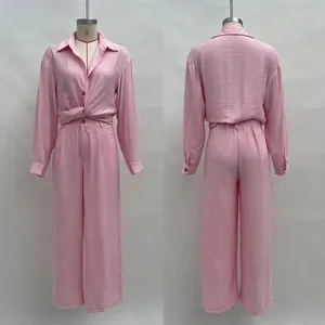 Detailed front and back view of a pink solid color long-sleeved shirt and trousers set.