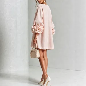 Elegant French style light pink cotton linen dress with 3D floral lantern sleeves decoration