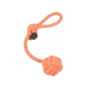 Durable orange and white braided cotton rope ball dog toy with handle for small dogs