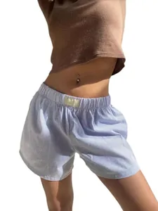 High-waisted women's casual blue and white striped loose fit shorts for summer