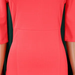 Close-up of vibrant red slim-fit office dress showing waist and fabric texture