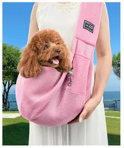 Breathable pink mesh pet sling carrier bag for small dogs and cats outdoor travel