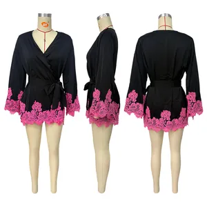 Detailed view of black mini dress with pink lace trim and waist tie from three angles