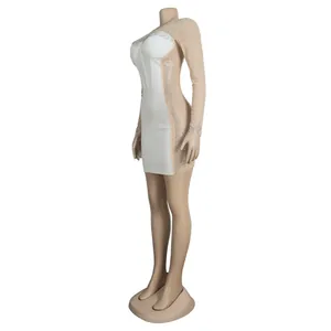 Detailed side view of elegant white and nude rhinestone mesh patchwork bodycon mini dress