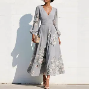 Elegant grey floral long sleeve V-neck pleated maxi dress for women