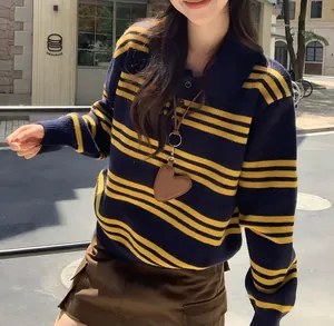 Pull polo rayé style coréen doux bleu marine et jaune pour la mode automne femme