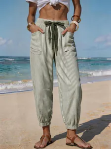 Lightweight striped drawstring joggers for women perfect for beach vacation style.