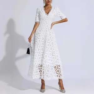 Elegant white deep V-neck lace midi dress with half sleeves for formal evening wear
