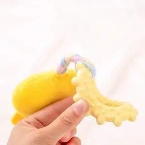Durable yellow TPR and plush dog chew toy with textured teething ring for small pets