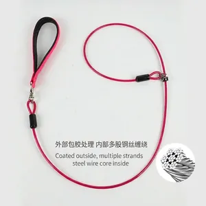 Detailed view of pink steel wire dog leash with multi-strand core and rubber coating