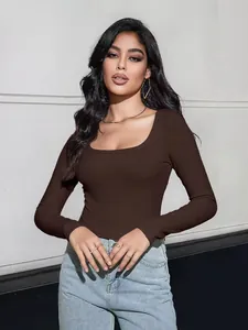 Detailed view of the brown ribbed long sleeve square neck slim fit crop top for women