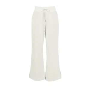 Front view of women's high-waisted wide-leg lounge pants in off-white color