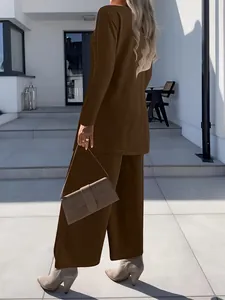 Full back view of women's 3-piece brown lounge set with wide-leg pants and long cardigan