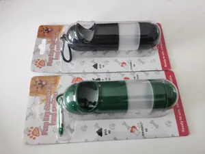 Macro view showing the retail packaging of portable pet poop bag dispenser and sanitizer.