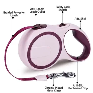 Laisse pour chien rétractable ergonomique avec sangle en polyester durable et poignée rose