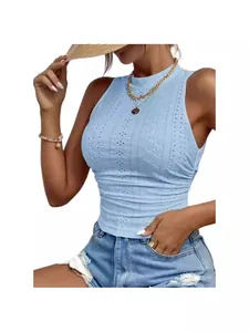 Women's light blue slim fit sleeveless eyelet knit crop top with mock neck and ruched sides