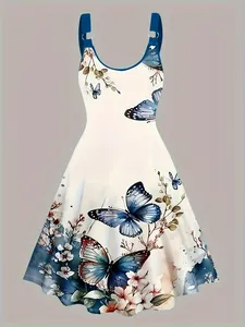 Vista detallada de vestido blanco de tirantes con estampados artísticos de mariposas.