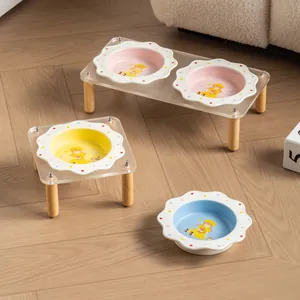 Elevated Ceramic Pet Bowl Set with Acrylic Wood Stand Anti-Tip Polka Dot Girl Series Cat Dog Food Water Dish