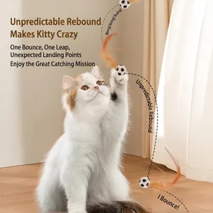 Interactive cat toy featuring a feather bounce ball with a classic soccer pattern