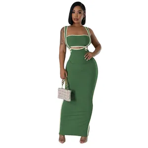 Detailed view of a green ribbed two-piece set with a camisole crop top and maxi skirt