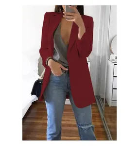 Elegant burgundy slim fit blazer for women with notch lapel and open front