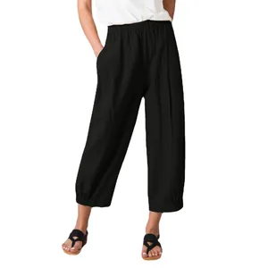 Women's black high waisted cotton linen harem pants with loose wide leg cropped fit